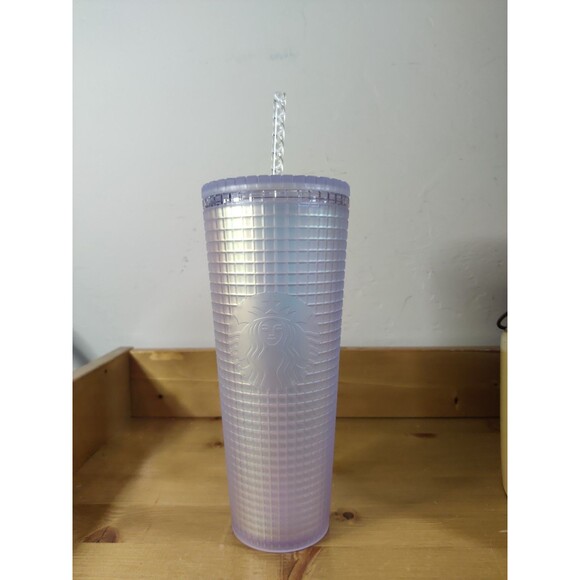 STARBUCKS Spring 2022 Iridescent Frost White Grid Tumbler Soft Touch Venti 24 oz - Picture 1 of 6